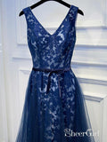 A Line Navy Blue Organza Formal Evening Dress V-Neck Lace Prom Dress with Belt ARD1006-SheerGirl