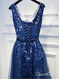 A Line Navy Blue Organza Formal Evening Dress V-Neck Lace Prom Dress with Belt ARD1006-SheerGirl