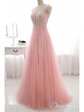 A Line Pink Beaded Prom Dresses Tulle Long See Through Back Maxi Formal Evening Gowns ARD1032-SheerGirl