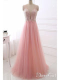 A Line Pink Beaded Prom Dresses Tulle Long See Through Back Maxi Formal Evening Gowns ARD1032-SheerGirl