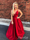 A Line Satin Burgundy Simple Prom Dresses Spaghetti Strap V Neck Plus Size Formal Dresses ARD1025-SheerGirl