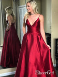 A Line Satin Burgundy Simple Prom Dresses Spaghetti Strap V Neck Plus Size Formal Dresses ARD1025-SheerGirl