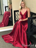 A Line Satin Burgundy Simple Prom Dresses Spaghetti Strap V Neck Plus Size Formal Dresses ARD1025-SheerGirl