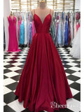 A Line Satin Burgundy Simple Prom Dresses Spaghetti Strap V Neck Plus Size Formal Dresses ARD1025-SheerGirl