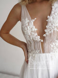 A Line Soft Net Beaded Appliques Deep V Illusion Wedding Gown AWD1751-SheerGirl