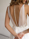 A Line Soft Net Beaded Appliques Deep V Illusion Wedding Gown AWD1751-SheerGirl