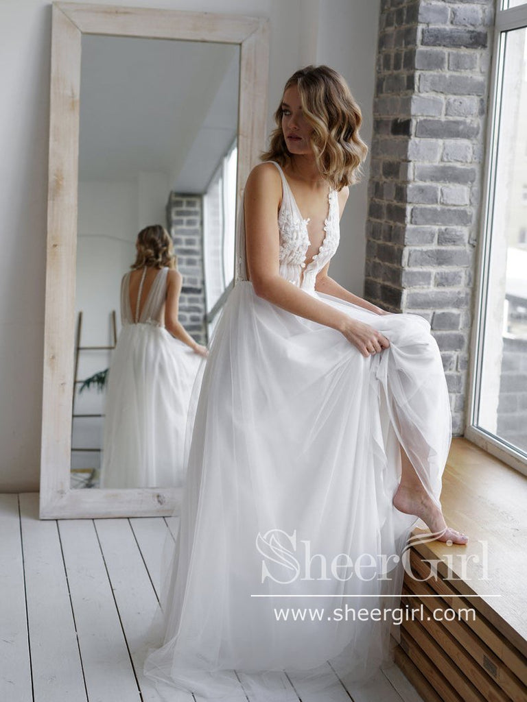 A Line Soft Net Beaded Appliques Deep V Illusion Wedding Gown AWD1751 –  SheerGirl