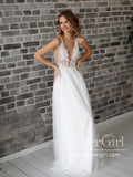 A Line Soft Net Beaded Appliques Deep V Illusion Wedding Gown AWD1751-SheerGirl