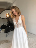 A Line Soft Net Beaded Appliques Deep V Illusion Wedding Gown AWD1751-SheerGirl