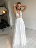 A Line Soft Net Beaded Appliques Deep V Illusion Wedding Gown AWD1751-SheerGirl