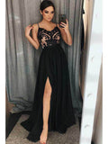 A Line Spaghetti Strap V Neck Black Prom Dresses Side Slit Formal Dress ARD1774-SheerGirl