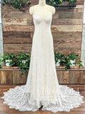 A Line Spaghetti Straps Lace Wedding Dresses White/Ivory Rustic Wedding Dress AWD1759-SheerGirl