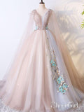 A Line Tulle Khaki Embroidery Appliqued Prom Dresses Cape Sleeve Evening Ball Gowns ARD1028-SheerGirl