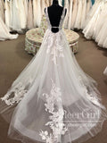 A Line Unlined Bodice Appliqued Bridal Gown Deep V Neck Court Train Wedding Dress AWD1720-SheerGirl