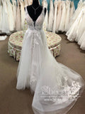 A Line Unlined Bodice Appliqued Bridal Gown Deep V Neck Court Train Wedding Dress AWD1720-SheerGirl