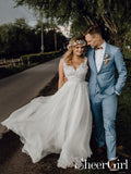 A Line V-neck and Low Keyhole Back Wedding Dress Waved Bottom Edge Bridal Dress AWD1662-SheerGirl