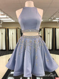 A-line 2 Piece Homecoming Dresses Light Blue Rhinestone Beaded Hoco Dress APD2746-SheerGirl