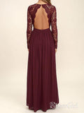 A-line Burgundy Chiffon Long Sleeves Lace Bridesmaid Dresses APD1984-SheerGirl