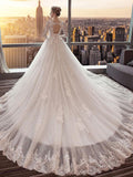 A-line Cathedral Train Royal Lace Wedding Dresses with 3/4 Sleeves SWD0044-SheerGirl