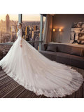 A-line Cathedral Train Royal Lace Wedding Dresses with 3/4 Sleeves SWD0044-SheerGirl