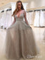 A-line Grey Tulle with Beaded Deep V-neck Sexy Prom Dresses with Sleeves APD2759