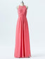 A-line Halter Empire Watermelon Chiffon Long Bridesmaid Dresses APD2866