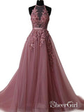 A-line Halter Lace Appliqued Formal Evening Gowns See-through Long Prom Dresses APD3049-SheerGirl