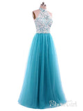 A-line Halter White Lace Blue Tulle Cheap Simple Prom Dresses APD2993-SheerGirl