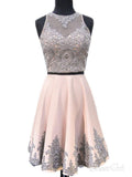 A-line Illusion Neck Grey Lace Appliqued 2 Piece Homecoming Dresses APD2837-SheerGirl