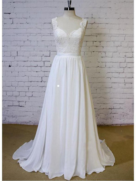 White Chiffon Lace A-line Beach Wedding Dresses, MW756
