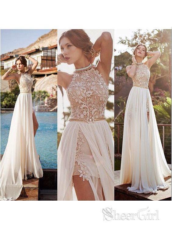 A-line Lace Beach Wedding Dresses with Slit Ivory Backless Sexy Summer  Wedding Dresses apd1449