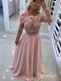 A-line Off the Shoulder Lace Top Chiffon Prom Dresses with Long Sleeves APD2995-SheerGirl