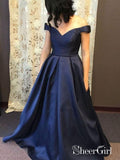 A-line Off the Shoulder Navy Satin Cheap Formal Long Prom Dresses,APD3231-SheerGirl