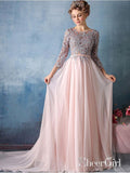 A-line Pink Chiffon with Silver Lace Appliqued Long Prom Dresses with 3/4 Sleeves,apd2678-SheerGirl