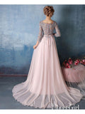 A-line Pink Chiffon with Silver Lace Appliqued Long Prom Dresses with 3/4 Sleeves,apd2678-SheerGirl