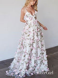 A-line Princess V-neck Floral Prom Dresses Long 3D Appliqued Lace Formal Dresses APD3126-SheerGirl