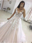 Vestidos de novia con apliques de encaje blanco transparentes de una línea con tren SWD0029 