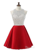 A-line Silver Beaded Top Red Satin Halter Homecoming Dresses APD2757-SheerGirl