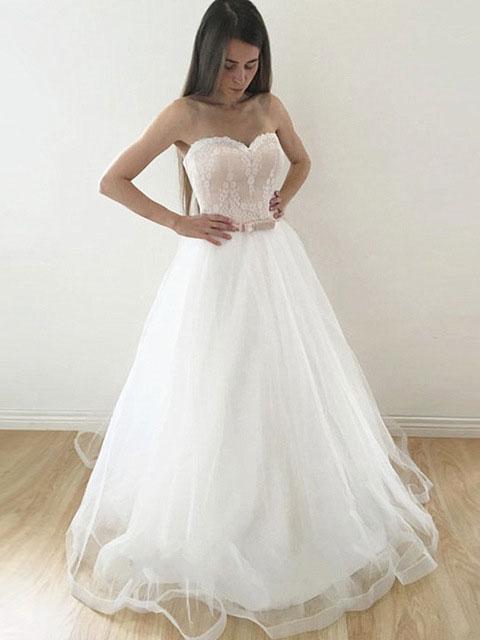A-line Strapless Sweetheart Neck Lace and Tulle Simple Wedding Dresses  SWD0031