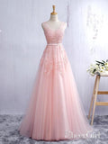 A-line Tulle with Lace Appliqued V-neck Long Prom Dresses apd2443-SheerGirl