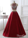 A-line Two Piece Prom Dresses,Burgundy Satin Halter Long Formal Dresses,apd1810-SheerGirl