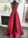 A-line V-neck Beaded Bodice Burgundy Satin Long Prom Dresses APD2887-SheerGirl