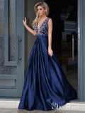 A-line V-neck Beaded Bodice Navy Blue Satin Long Prom Dresses APD3021-SheerGirl