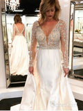 A-line V-neck Beaded See Through Bodice Long Sleeves Wedding Dresses APD2816-SheerGirl