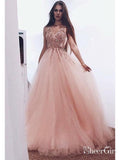 A-line V-neck Beaded Tulle Long Prom Dresses Burgundy Prom Dress APD3146-SheerGirl