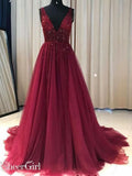 A-line V-neck Beaded Tulle Long Prom Dresses Burgundy Prom Dress APD3146-SheerGirl