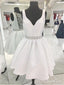 A-line V-neck Beaded White Satin Homecoming Dresses APD2740