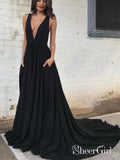 A-line V-neck Black Prom Dresses with Pockets Backless Long Prom Dress APD2844-SheerGirl