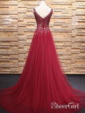 A-line V-neck Burgundy Tulle Beaded Prom Dresses with Split APD3011-SheerGirl