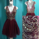 A-line V-neck Burgundy Tulle with Beaded Shiny Homecoming Dresses APD2725-SheerGirl